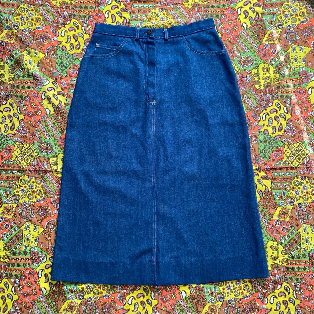 1970s Blue Denim Midi Skirt